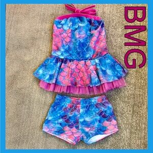 BMG - Girls Mermaid Print Top & Shorts Swimming Suit Set-Size 4/5- Hot Pink/Blue